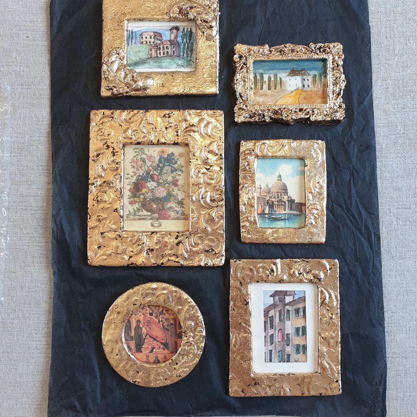 Handpainted Watercolour in Ceramic Frame - Antique Gold Leaf Gilt