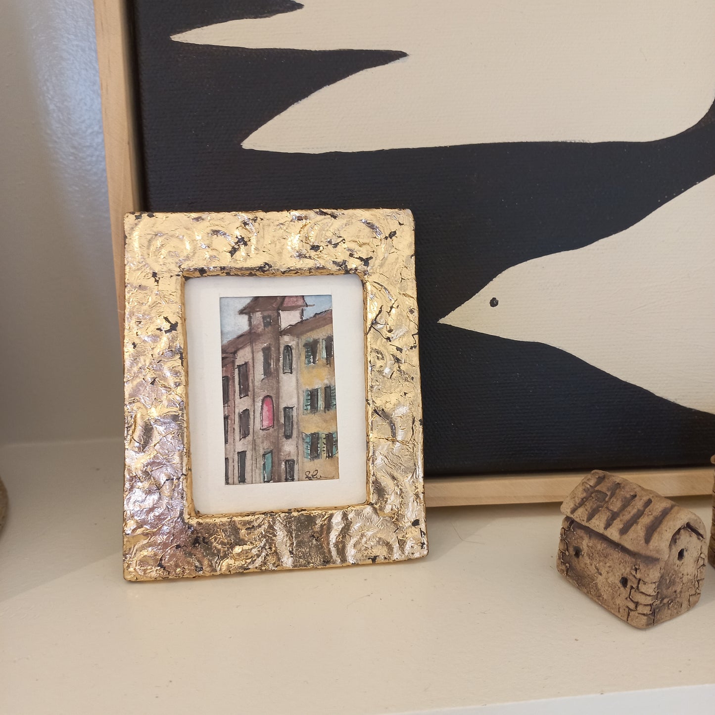 Handpainted Watercolour in Ceramic Frame - Antique Gold Leaf Gilt