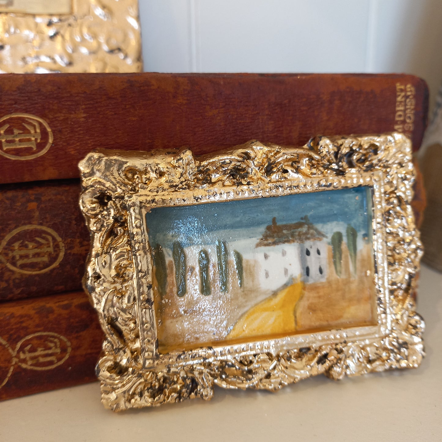 Handpainted Watercolour in Ceramic Frame - Antique Gold Leaf Gilt